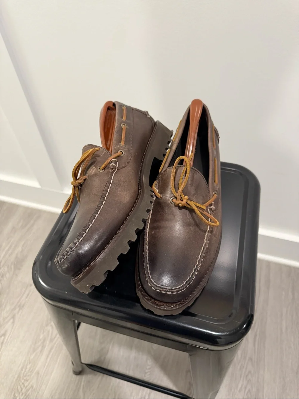 L.L. Bean Brown Leather Boat Shoes with Tan Laces